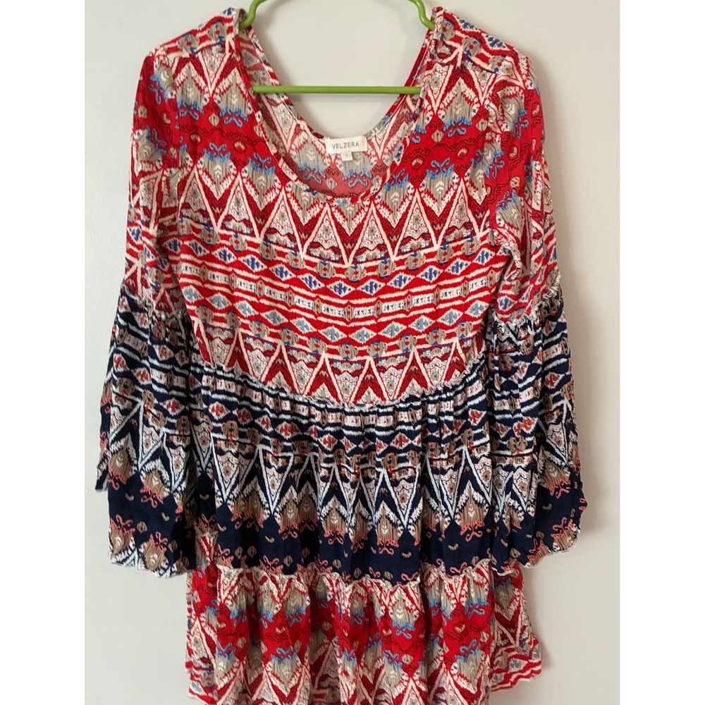 Velzera Mini Dress Womens Small Red Navy Boho Tribal Bell Sleeve Rayon Tiered